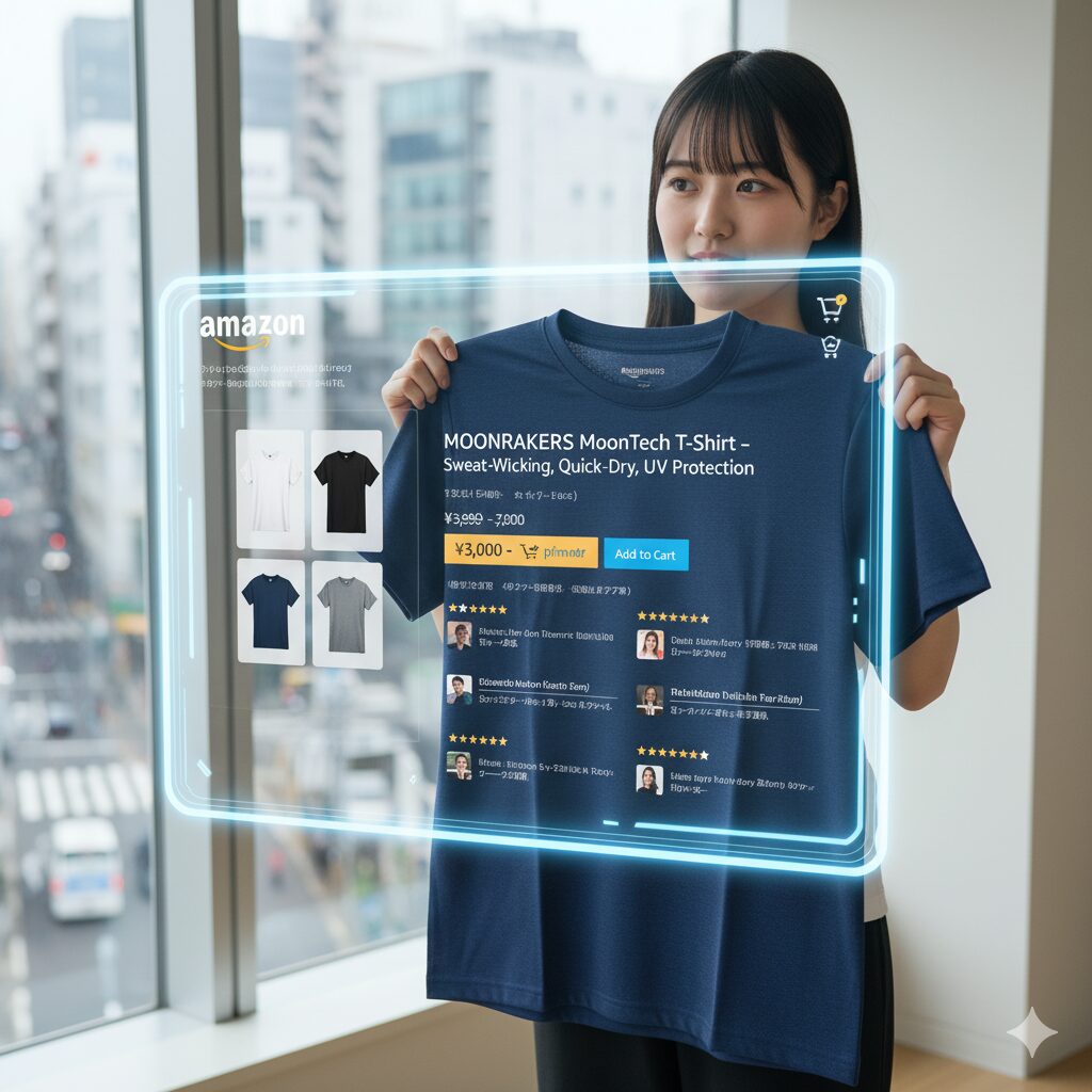  窓辺に立つ若い日本人女性が、ムーンテックTシャツの実物と、Amazonのショッピングインターフェースがホログラムで表示されている様子を比較している。