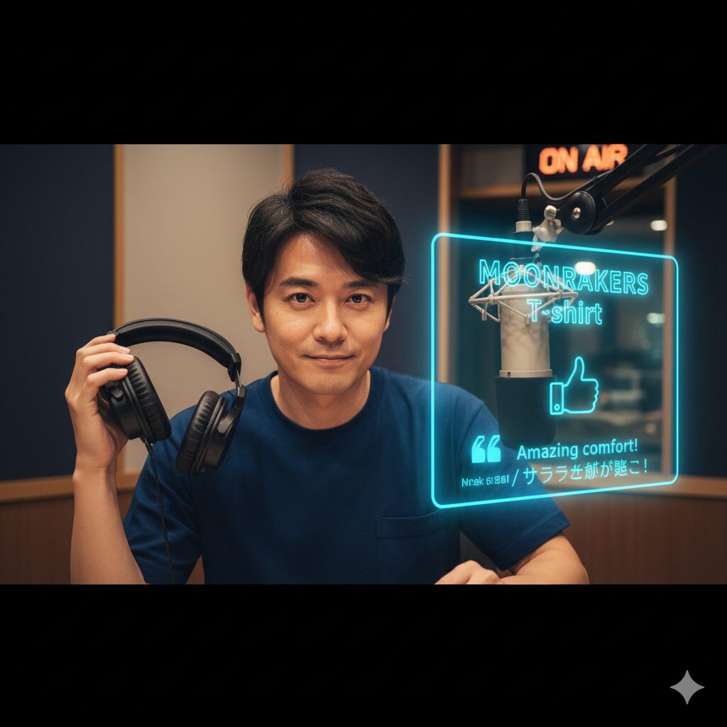 オフィスのような空間で椅子に座る若い日本人男性が、指で操作するホログラフィックディスプレイに表示された「MOONRAKERS」の公式オンラインストアでムーンテックTシャツを選んでいる。