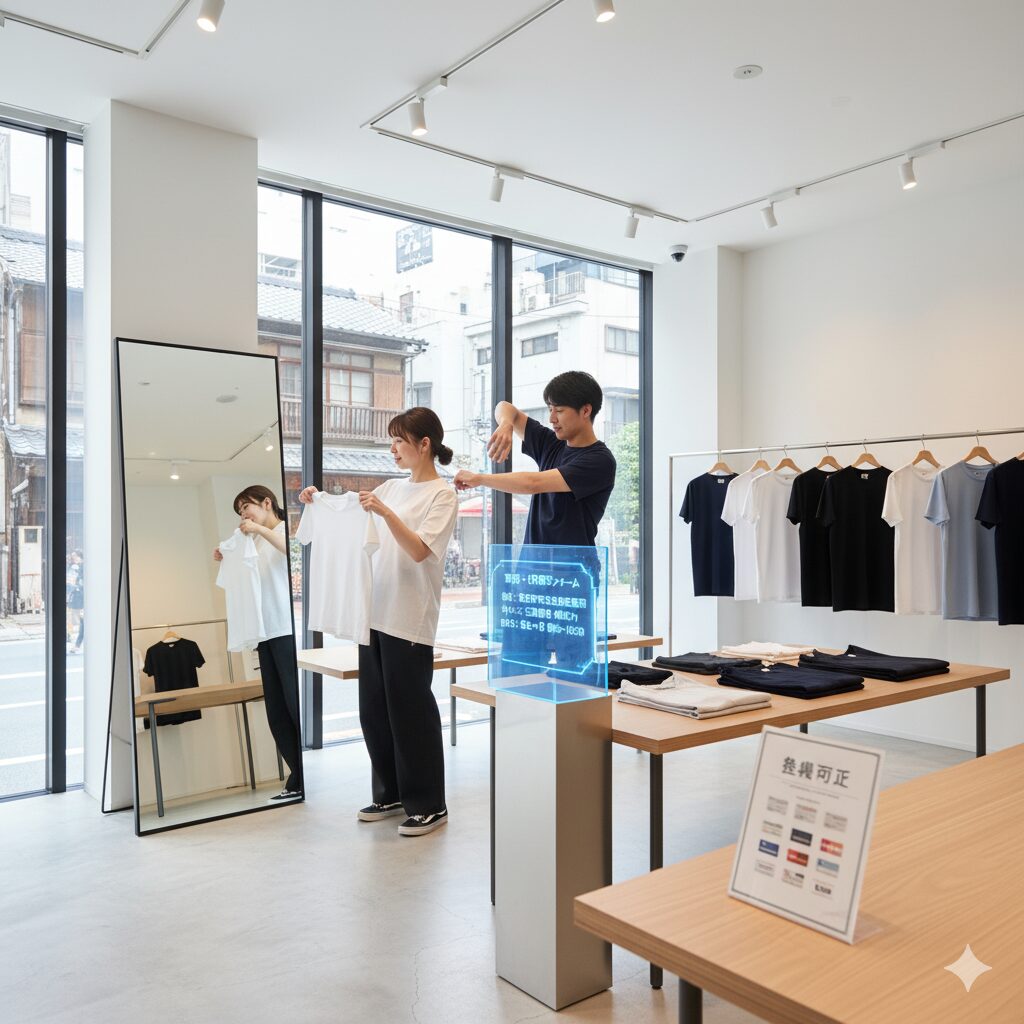  明るくモダンなアパレルショールームで、二人の日本人客がムーンテックTシャツを試着し、サイズを確認している様子。一人は鏡を見ており、もう一人はTシャツのサイズを測っている。ショールームの情報がホログラムで表示されている。