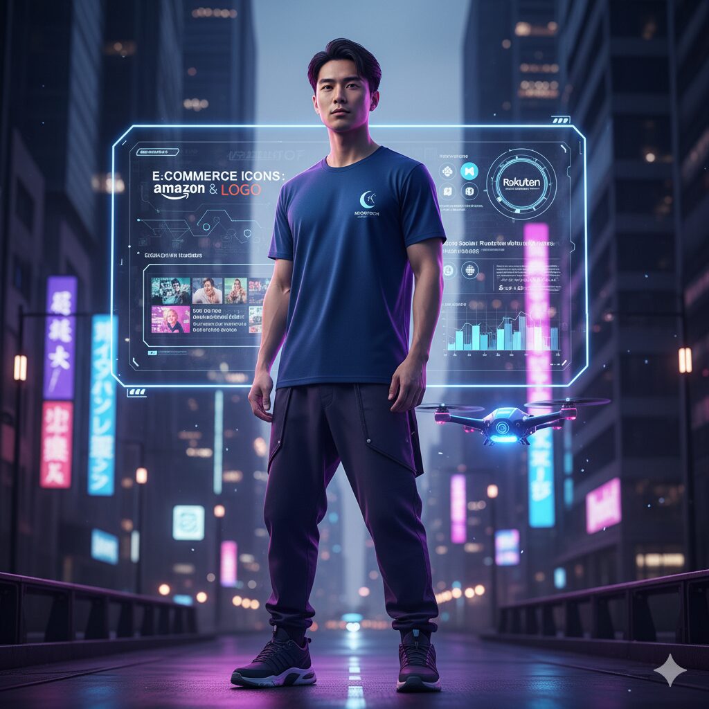  夜の都会の背景に立つ日本人男性がムーンテックTシャツを着用し、その周りにはAmazonや楽天などのEコマースサイトのロゴ、購入フローを示すホログラフィックインターフェースが表示されている。