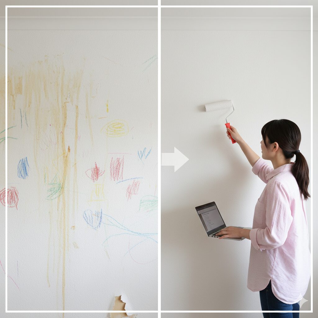 日本人女性がDIYで壁紙マジックをローラーで壁に塗り、手軽に作業している様子。