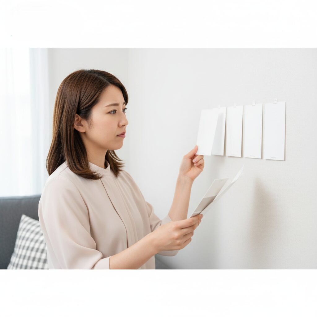 複数の白い色見本を壁紙にあてて、最適な色を悩んでいる様子。色選びの難しさを示唆。