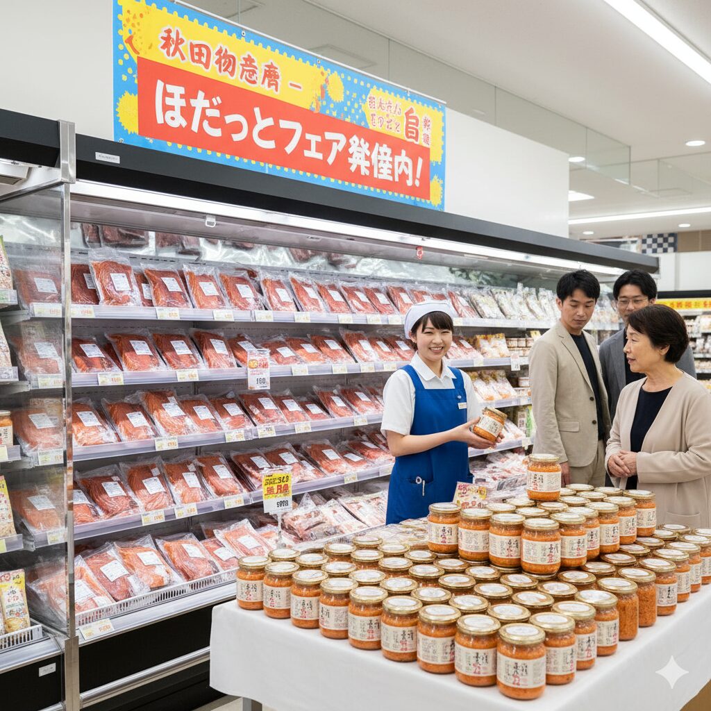 「秋田物産展 ほだっとこフェア開催中！」と書かれたポップがある特設ブースで、ぼだっこ瓶詰めを販売する店員と話す買い物客の日本人夫婦。