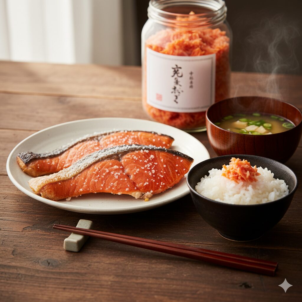  焼き上がった塩鮭の切り身2切れが乗った白い皿、湯気が立つご飯とぼだっこフレーク、味噌汁が木製のテーブルに並んだ和風の食事。
