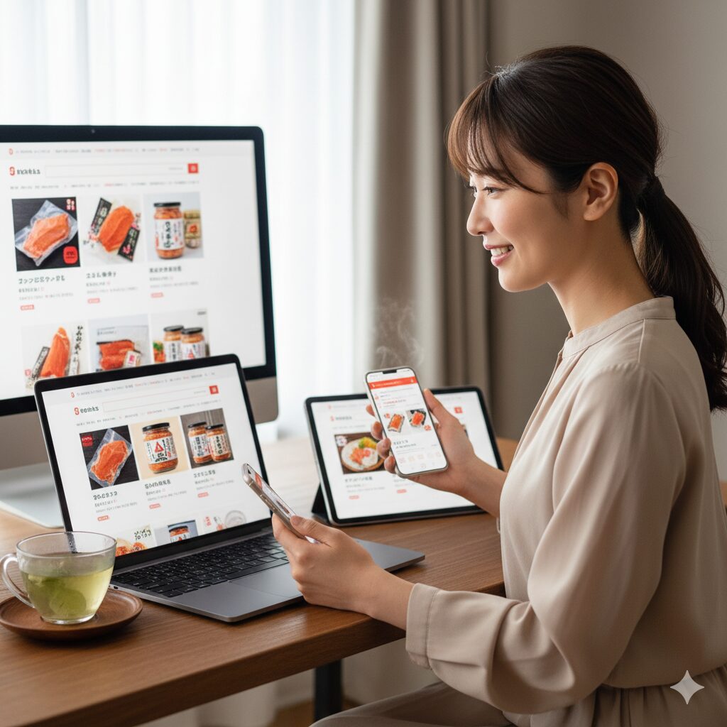 自宅のデスクで、デスクトップPC、ノートPC、タブレット、スマートフォンの複数のデバイスを使って、ぼだっこを販売する通販サイトを閲覧している日本人女性。