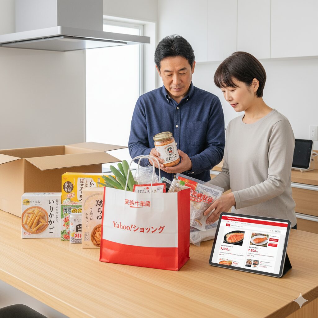 キッチンで、Yahoo!ショッピングのロゴ入りバッグと通販で購入した食品を広げ、ぼだっこの瓶詰めを手に取る日本人夫婦。手前にはタブレットでYahoo!ショッピングの画面が表示されている。