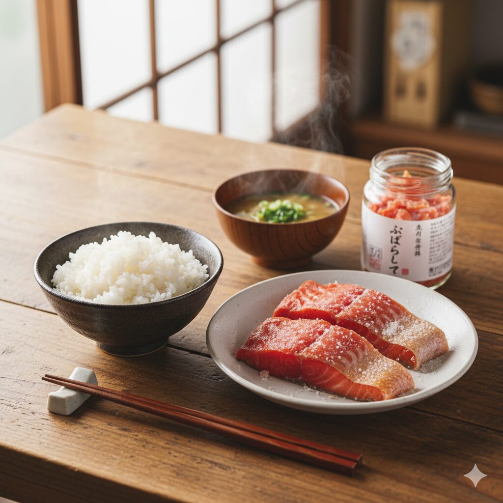 湯気が立つご飯と味噌汁、塩鮭の切り身、瓶詰めのぼだっこフレークが並んだ和風の食卓。