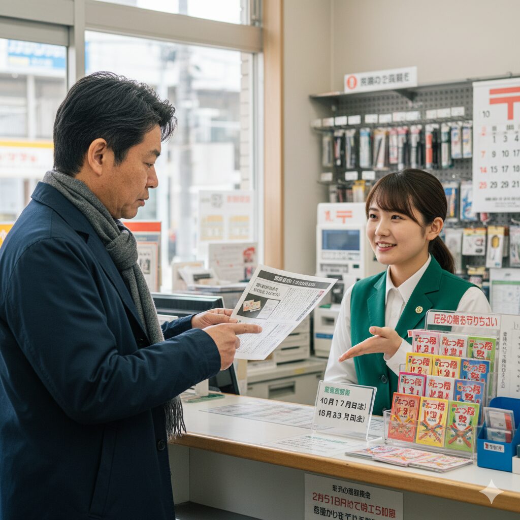 郵便局の窓口で、年賀状じまいハガキについて職員に尋ねている中年の日本人男性。若い女性職員が笑顔で対応している。