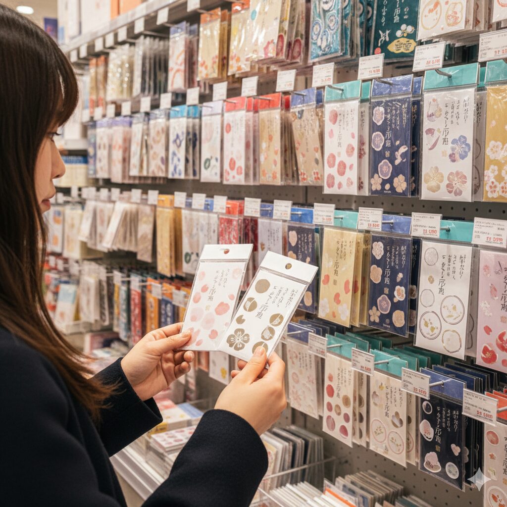 ロフトなどの大型雑貨店の文具コーナーで、年賀状じまいシールを選んでいる日本の若い女性。