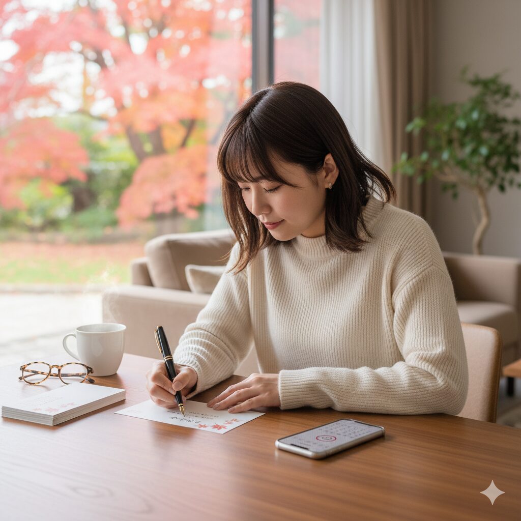  自宅でネット通販で購入した年賀状じまいハガキにメッセージを書き加えている日本の若い女性。窓の外には紅葉が見える。