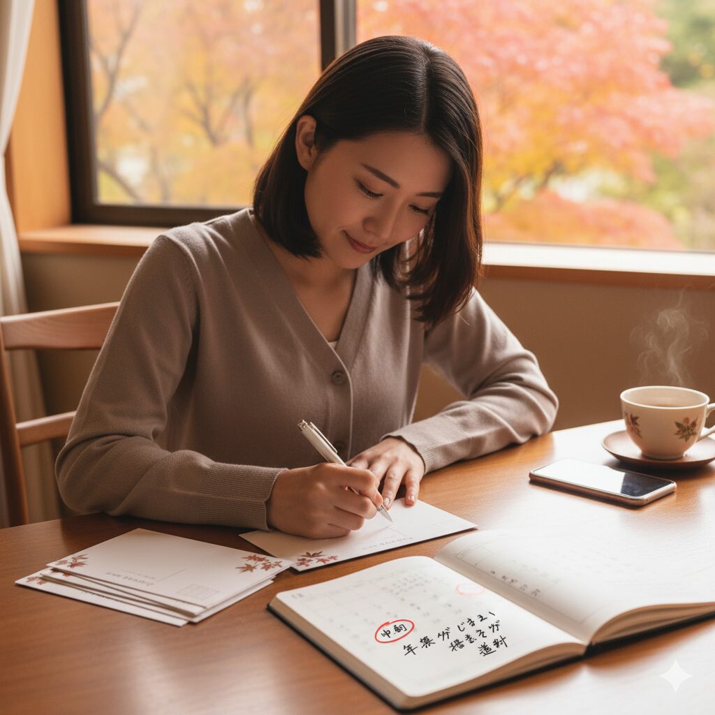 自宅で年賀状じまいのハガキを作成している日本の若い女性。手帳には「年賀状じまいハガキ 投函時期」と書かれ、11月中旬から12月上旬が丸で囲まれている。