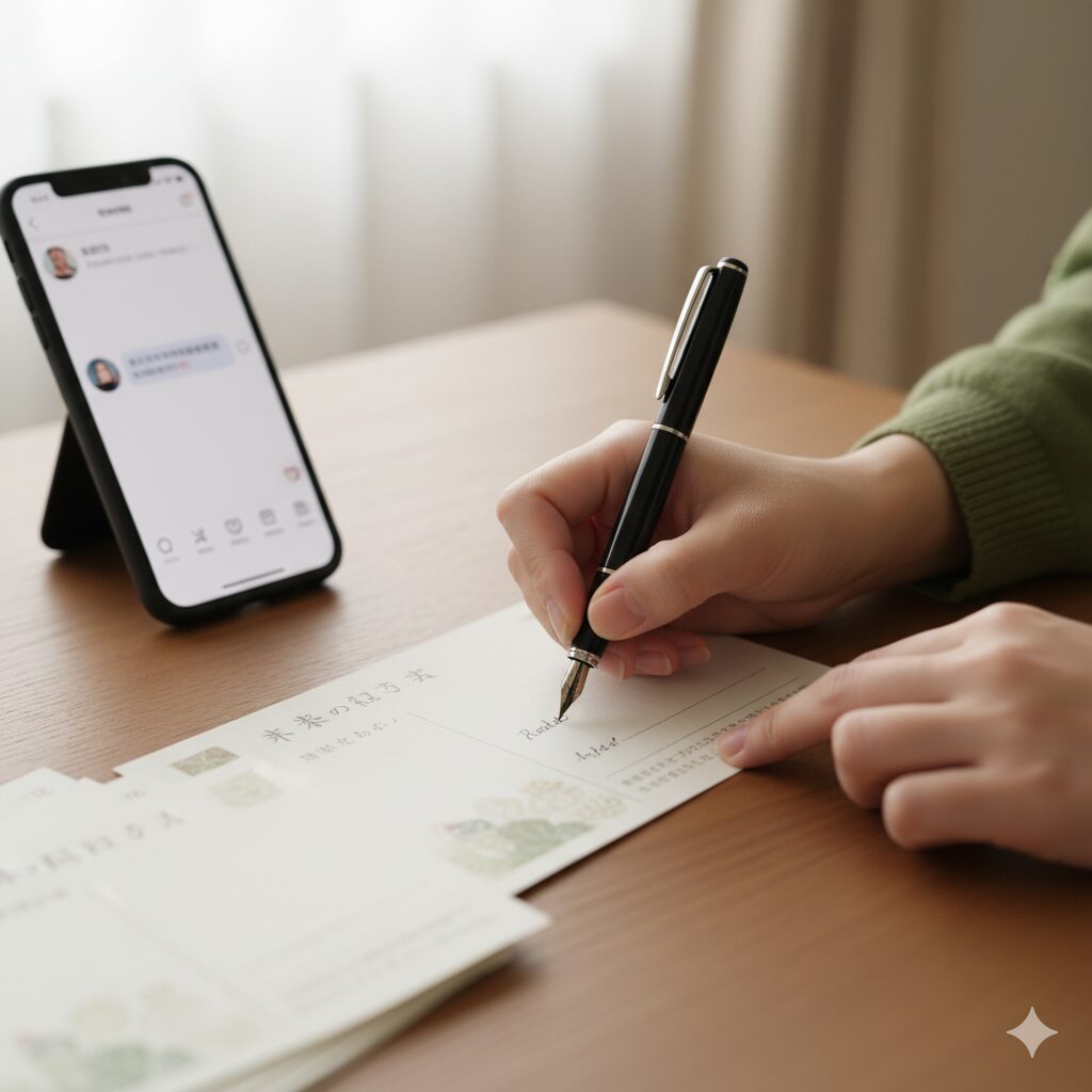 年賀状じまいハガキに手書きでメッセージを添えている日本人女性の手元。スマートフォンにはSNSの画面が表示されており、今後の関係維持への配慮がうかがえる。