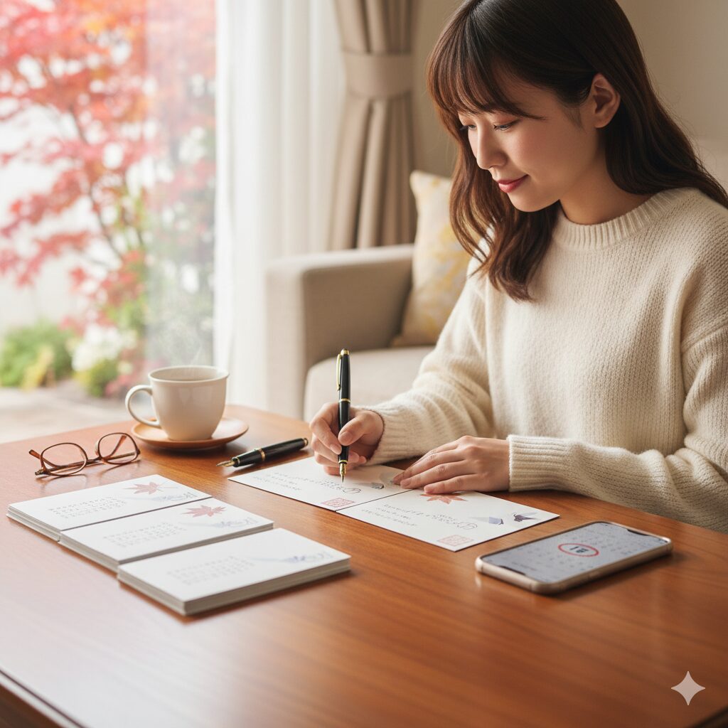 宅で年賀状じまいを検討している日本の若い女性が、テーブルでハガキにペンでメッセージを書いている様子。背景には紅葉が見える窓があり、温かい飲み物とメガネが置かれている。