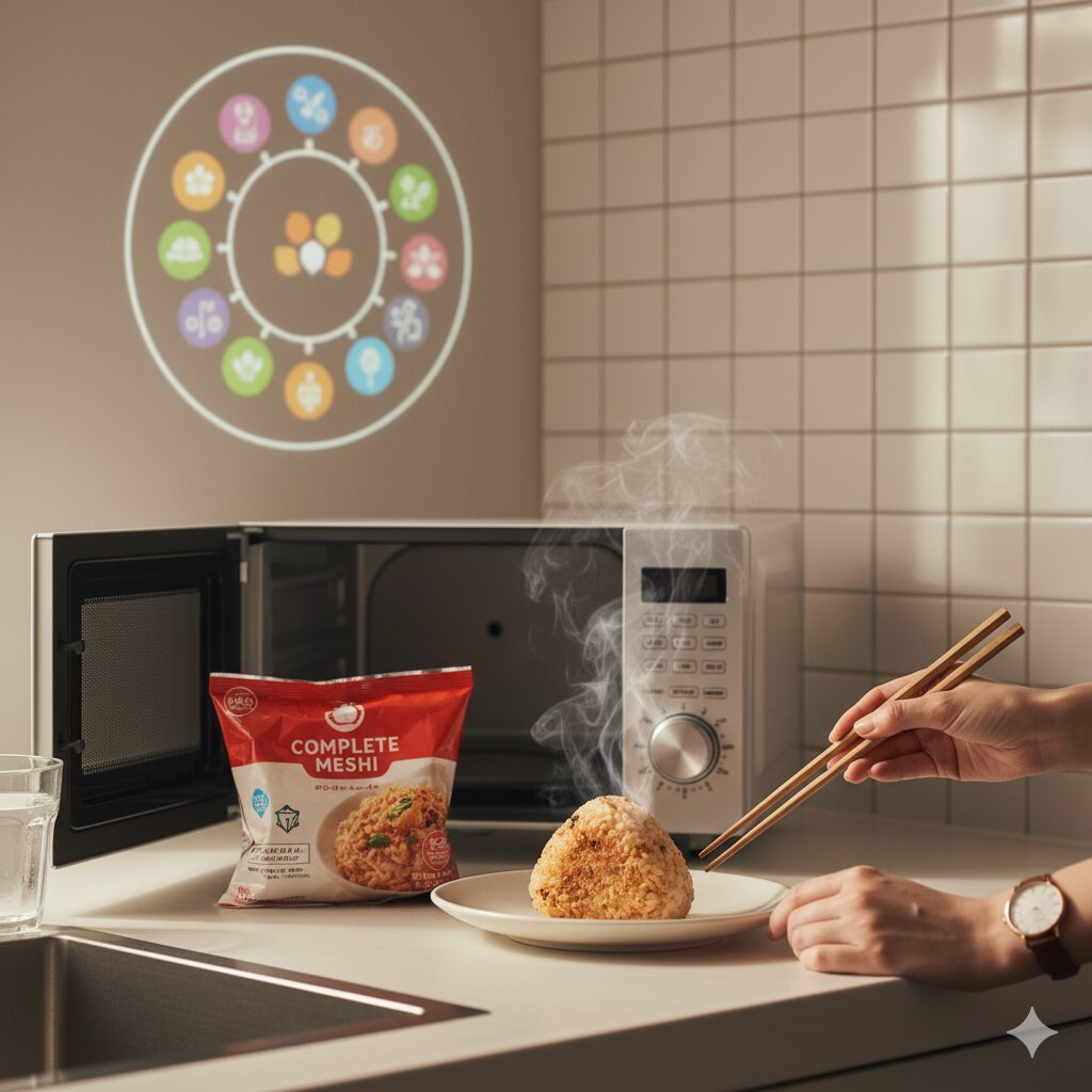 日本のモダンなキッチンで、電子レンジの隣に置かれた完全メシの冷凍おにぎり。手軽な調理と豊富な栄養素をイメージさせる、清潔感のあるスチルライフ。