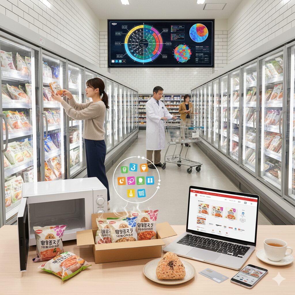日本の大型スーパーマーケットにある冷凍食品の通路。買い物カートを押す客が、豊富な冷凍食品の中から商品を選んでいる様子。
