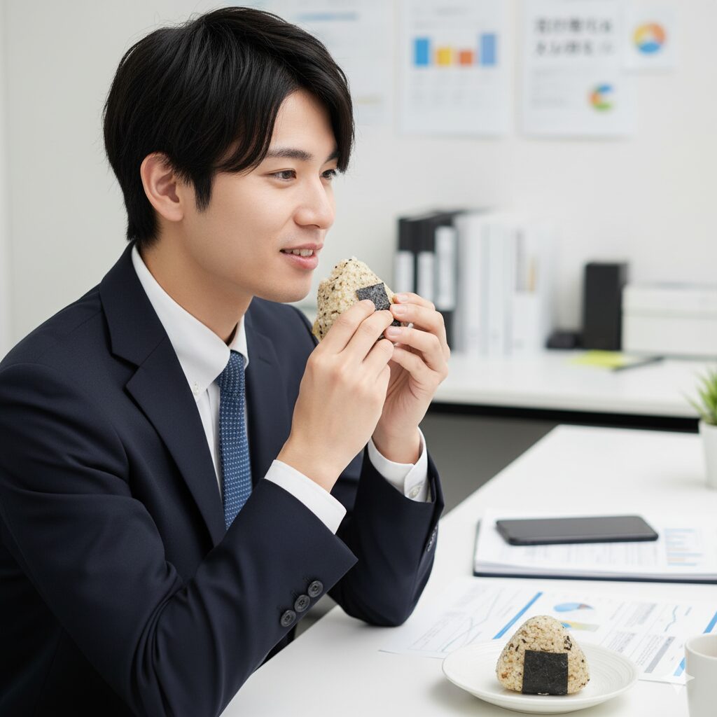 自宅のデスクで仕事の合間に、完全メシの冷凍おにぎりを食べている日本人（アジア人）の若い社会人。忙しい中でも手軽で美味しい食事を楽しむ様子。