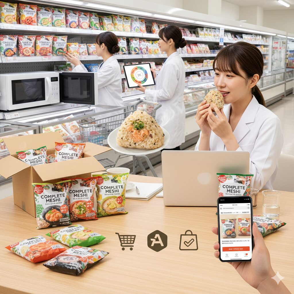 スーパーマーケットの冷凍ケースに並ぶ日清食品の「完全メシ 冷凍おにぎり」シリーズ。買い物客が商品を選んでいる様子。