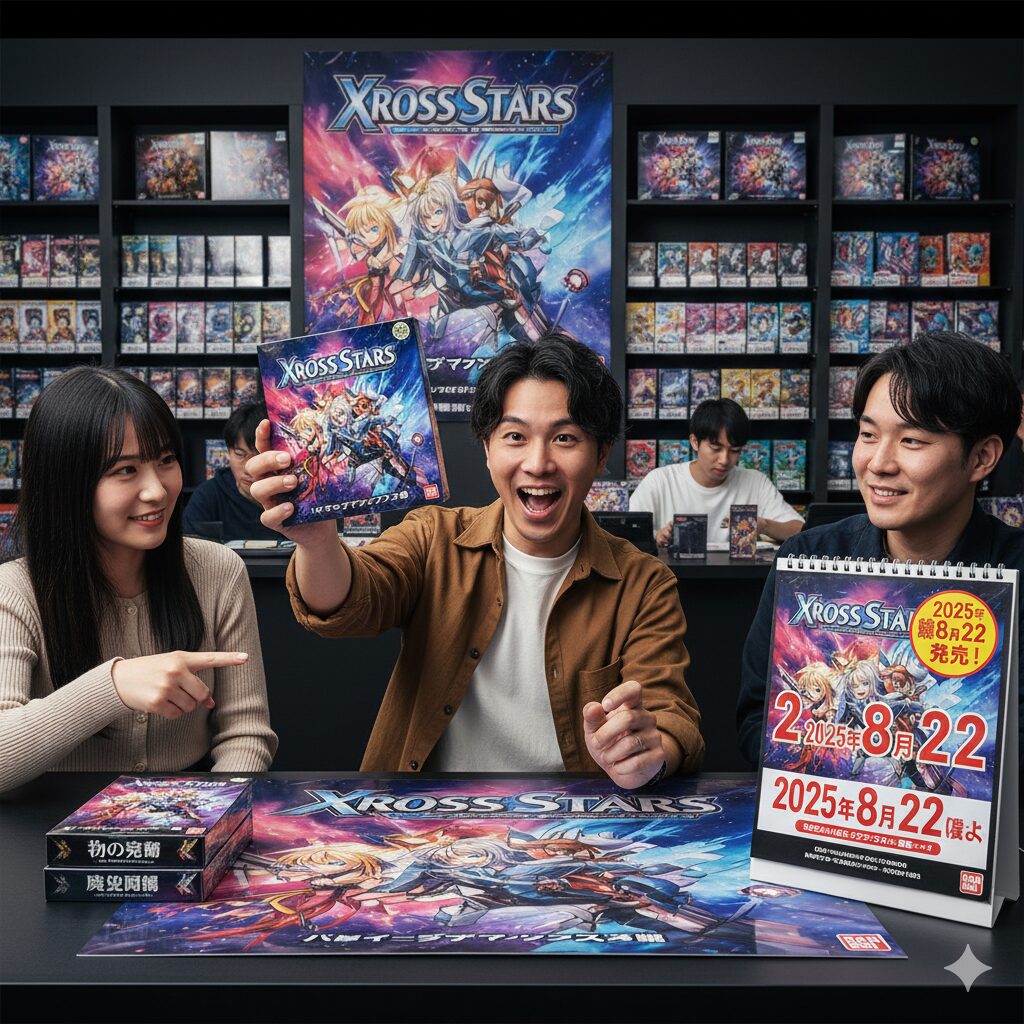 「Xross Stars」の発売日を指し示すカレンダーとブースターパックを囲んで盛り上がる日本人グループ。中央の男性がブースターパックを掲げ、右側の男性が発売日のカレンダーを見ている。