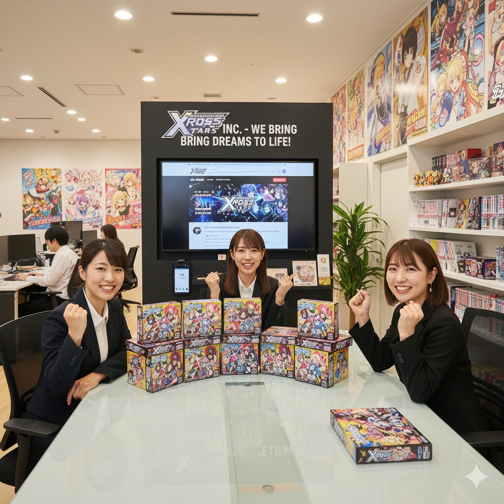 「Xross Stars」のロゴと商品が並べられたオフィスで、笑顔でガッツポーズをする3人の日本人女性ビジネスパーソン。背後には開発中のゲーム画面と、作品のポスターが飾られている