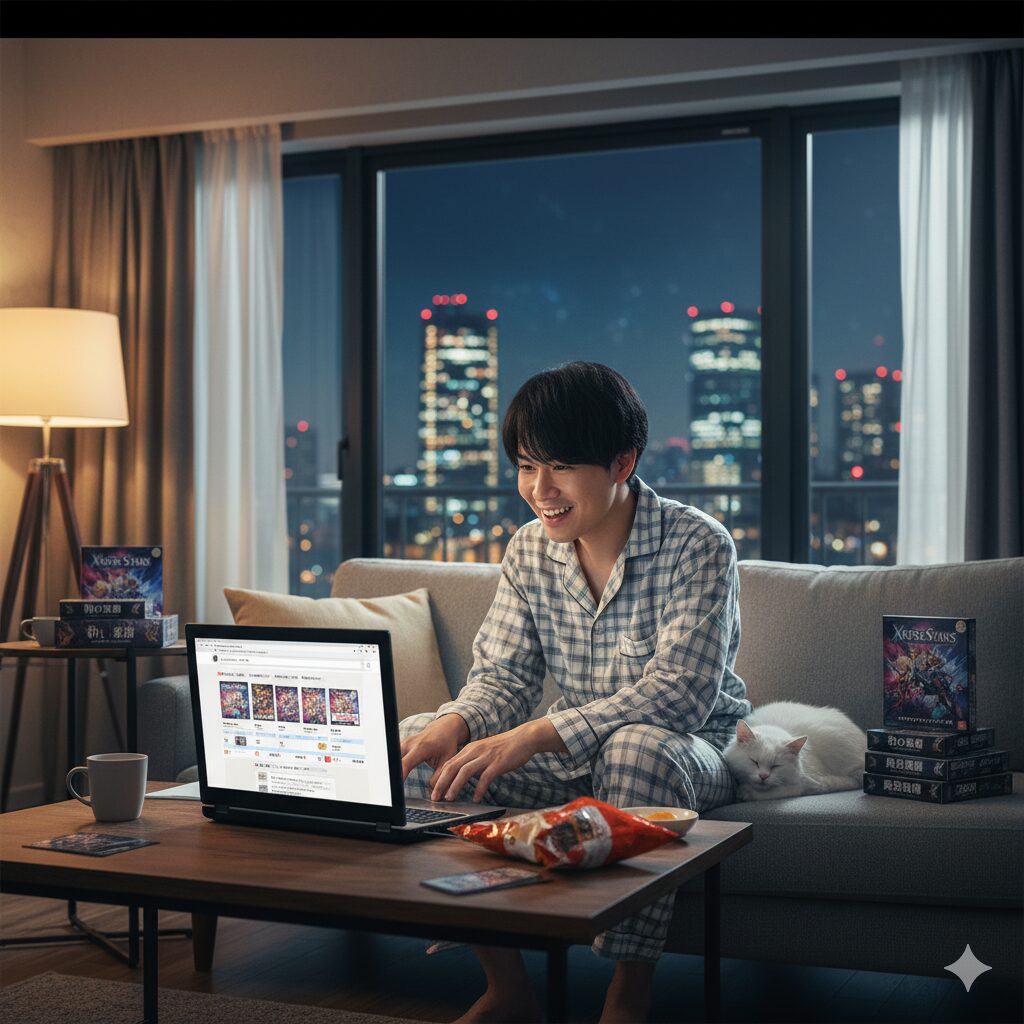 夜、リビングでソファに座り、ノートパソコンで通販サイトを閲覧している日本人男性。画面には「Xross Stars」のカードゲーム商品が表示されており、男性は笑顔で商品を選んでいる。傍らには白い猫が寄り添っている。