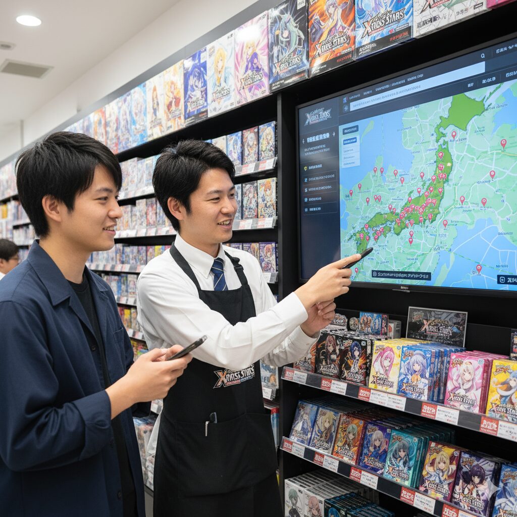 カードショップの店員が、デジタルサイネージに表示された「Xross Stars」の公認店検索マップを指しながら、客に説明している。客はスマートフォンを手に持ち、熱心に話を聞いている。