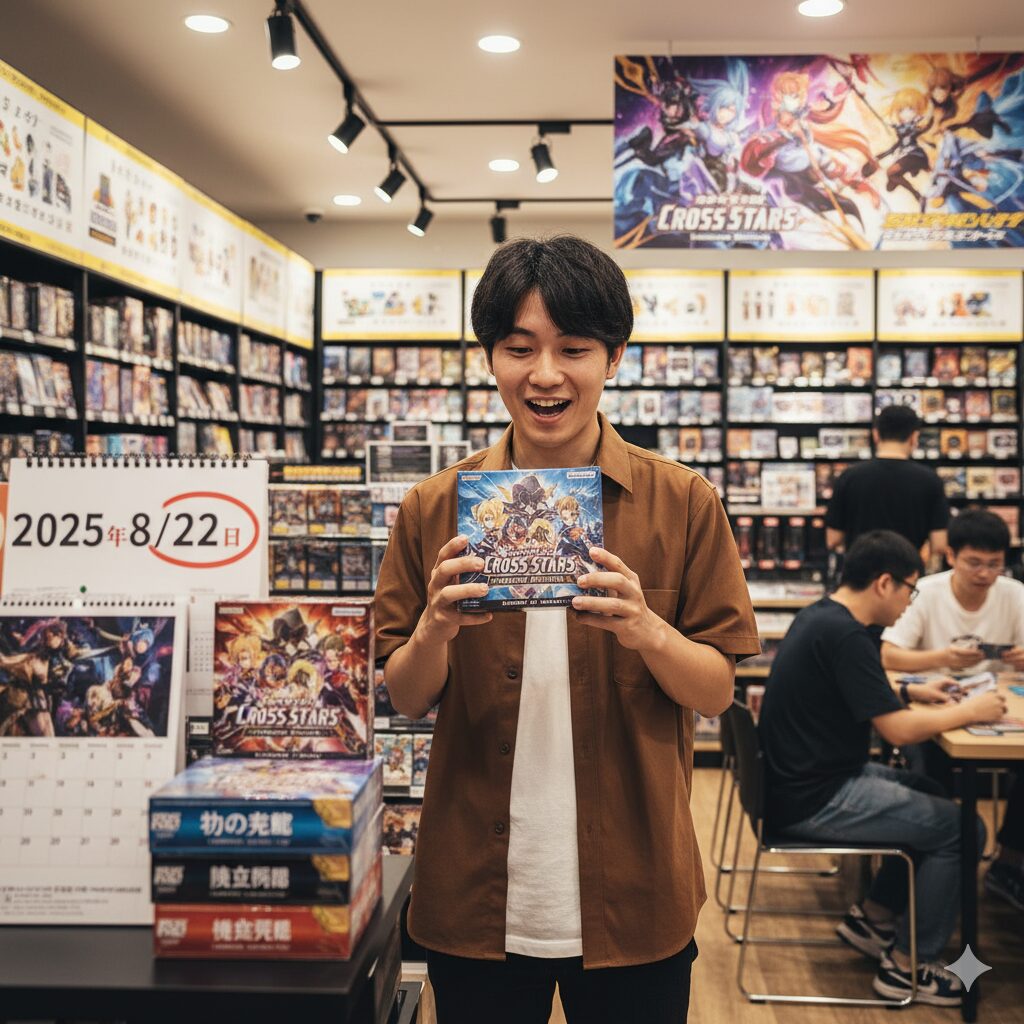 カードショップで新作トレーディングカードゲーム「Xross Stars」のブースターパックを手に取り、笑顔を見せる日本人男性。背景には発売日を示すカレンダーと、ゲームをプレイする他の客が写っている。