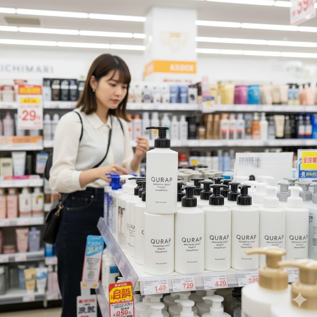 ドラッグストアのシャンプー売り場で、キュラップシャンプーを探している様子の若いアジア人女性。