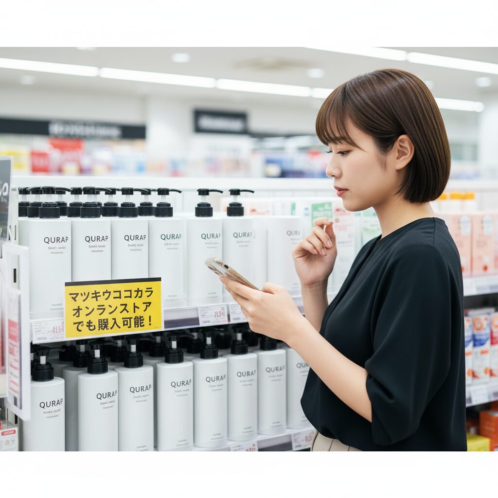 マツキヨの店舗でキュラップシャンプーを見つけ、スマートフォンで情報を調べているアジア人女性。