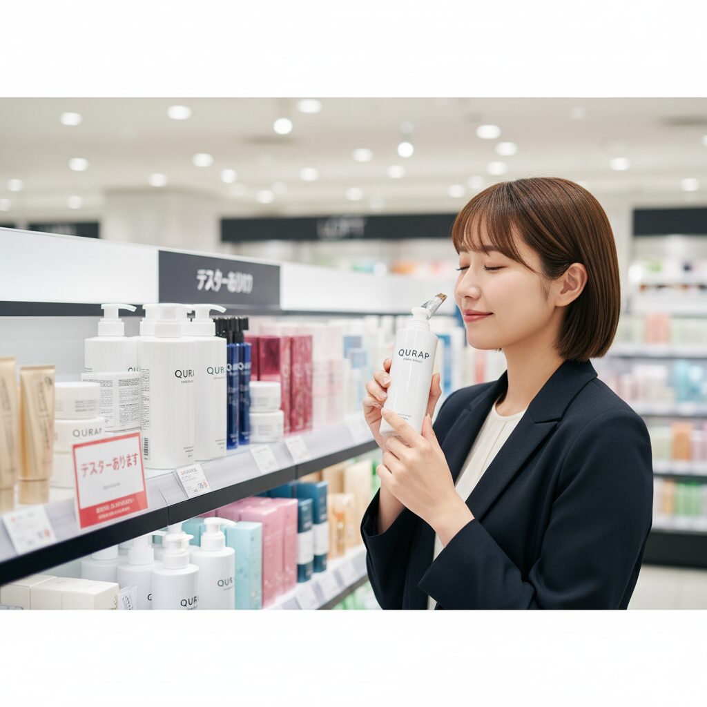 バラエティショップのヘアケアコーナーで、キュラップシャンプーのテスターの香りを試しているアジア人女性。