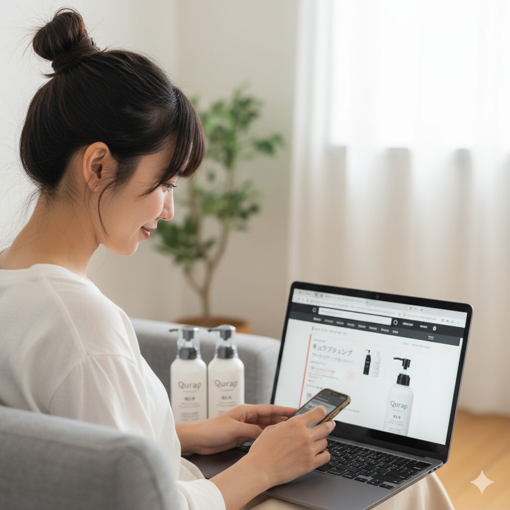  自宅でソファに座り、ノートパソコンとスマートフォンを使ってキュラップシャンプーをオンラインで購入しているアジア人女性。