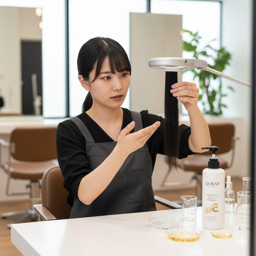 美容師が顕微鏡の下で髪の毛の束を調べ、キュラップシャンプーの成分について説明している様子。