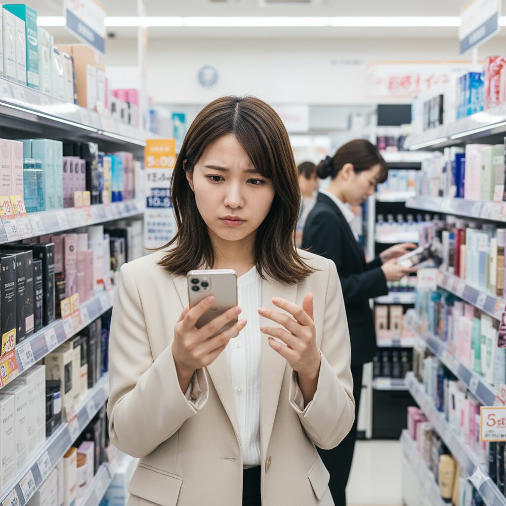 ドラッグストアの化粧品売り場でスマートフォンを見ながら困惑した表情のアジア人女性。ビューミットを探しているが店舗で見つからない状況を示唆。