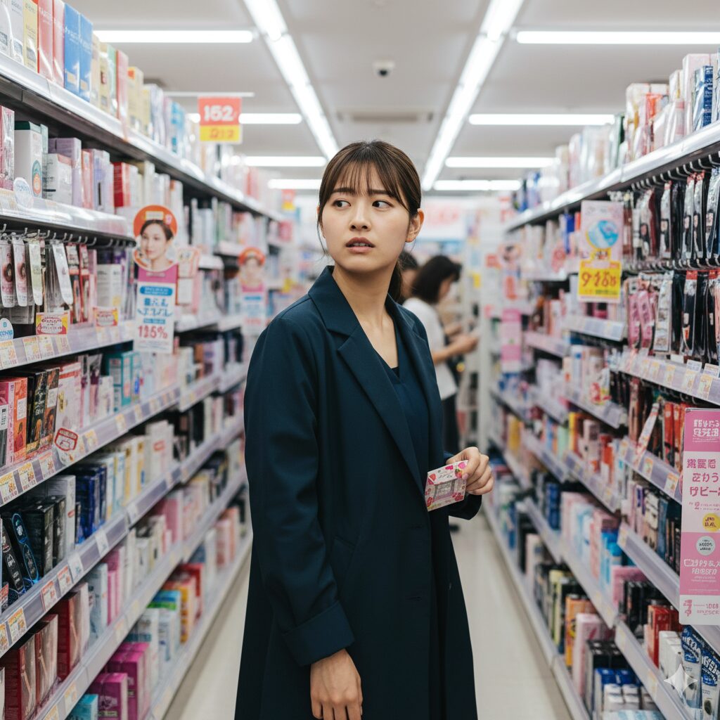 ドラッグストアの化粧品売り場で商品を探しているものの、目的の「ジューシージョリー」が見つからず困惑している様子の日本人女性。
