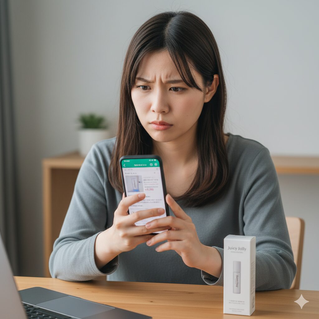 フリマサイトで「ジューシージョリー」の不審な出品を見つけ、不安な表情でスマートフォンを見つめる日本人女性。隣には正規品のパッケージが置かれている。