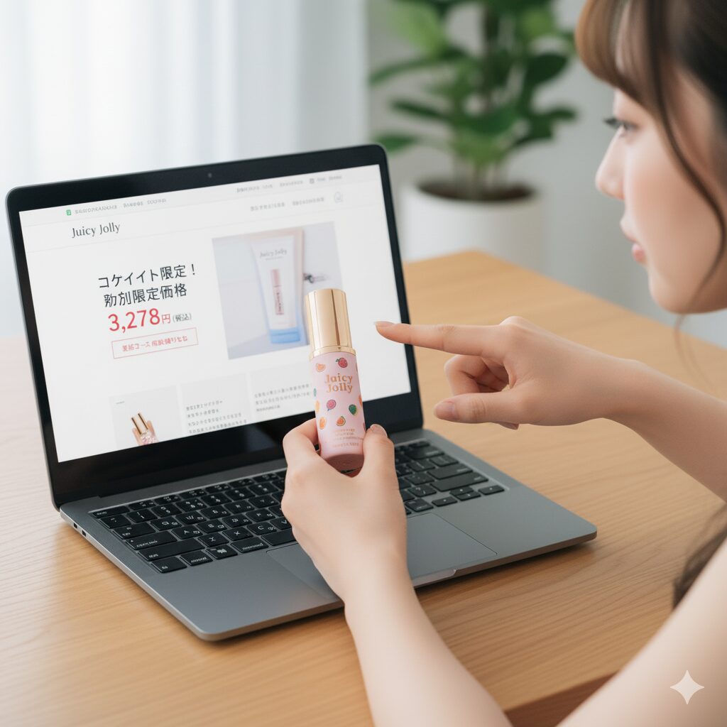 ラップトップで「ジューシージョリー」の公式サイトを開き、初回限定価格のプロモーションを見ながら、手元の商品と見比べる日本人女性。