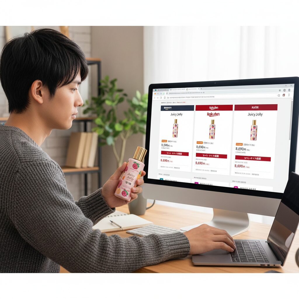 デスクでパソコンを操作しながら、Amazon、楽天市場、Qoo10の各通販サイトで「ジューシージョリー」の価格を比較検討する日本人男性。