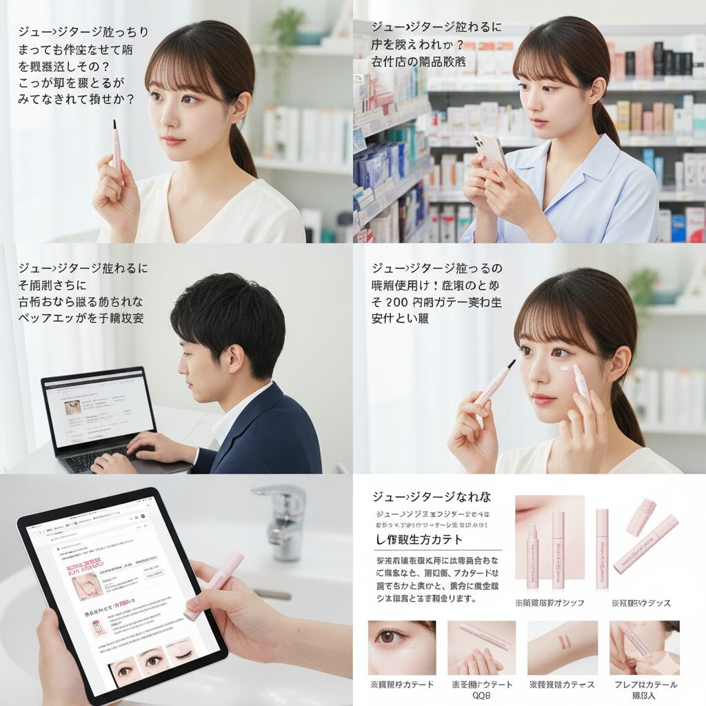 ジューシージョリーの美容液を使い、優しく目元に塗布して涙袋をケアする日本人女性のクローズアップ。