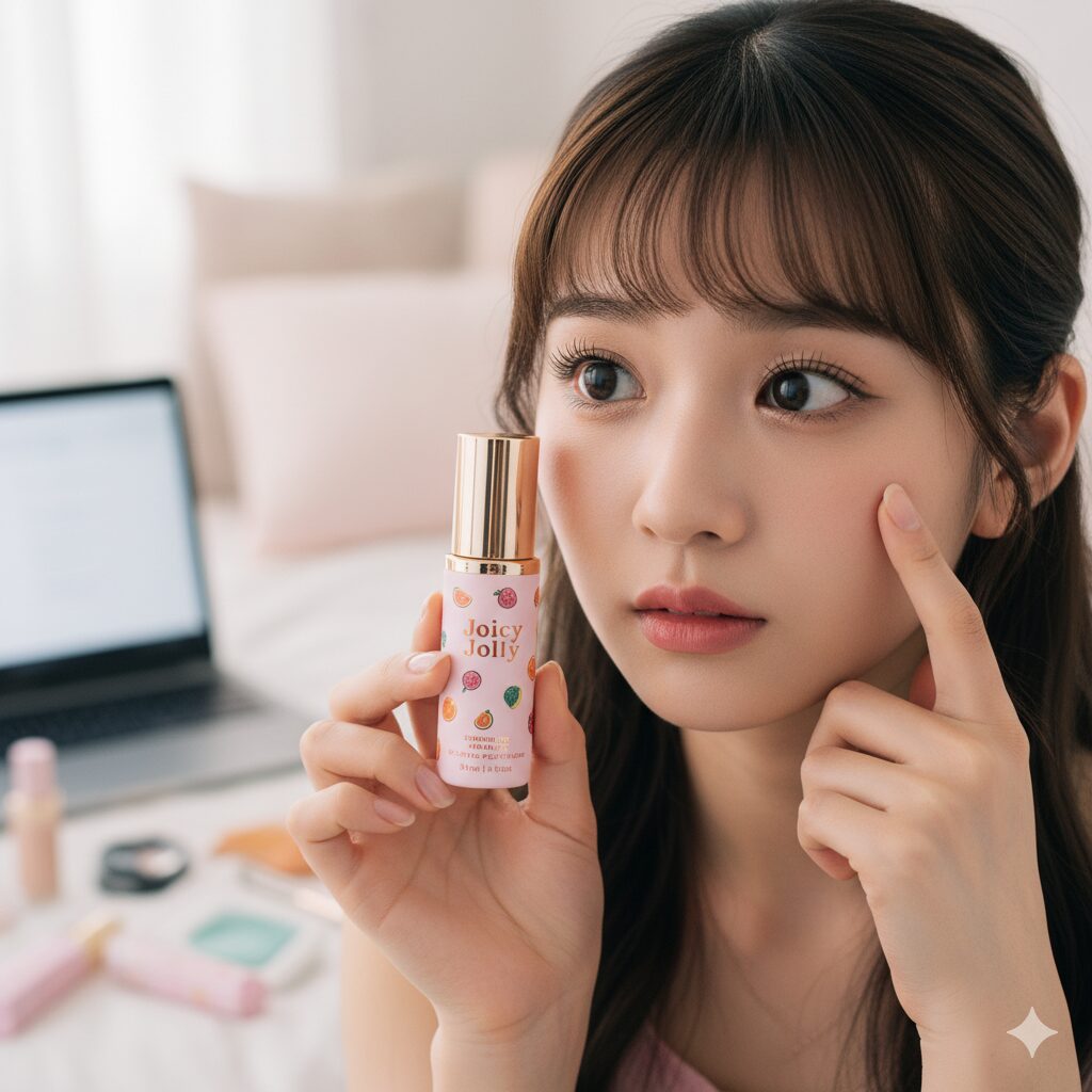 部屋でくつろぎながら、まつ毛と涙袋のケアができる美容液「ジューシージョリー」を手に取り、効果に期待する若い日本人女性。