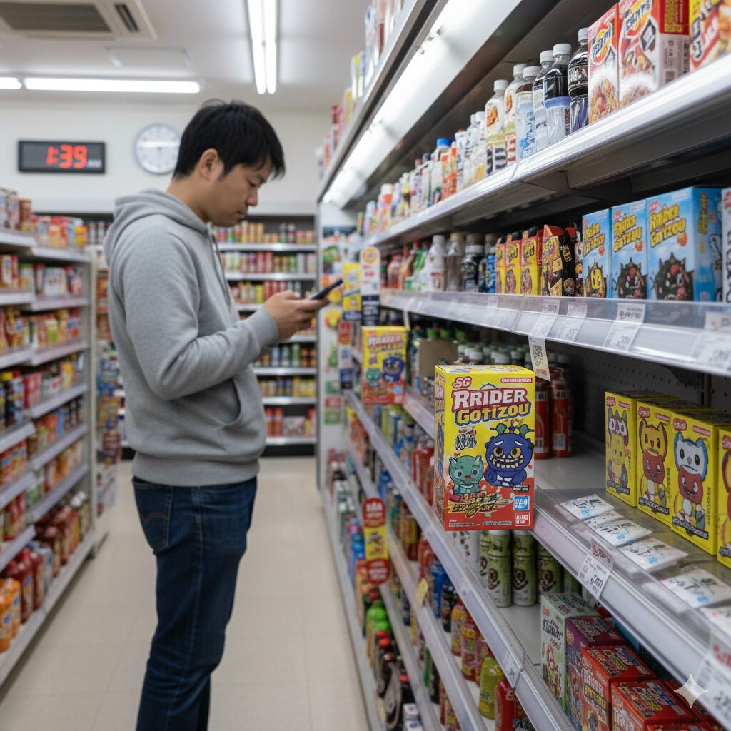 コンビニのお菓子売り場でスマートフォンを操作しながらゴチゾウ食玩を探す日本人男性