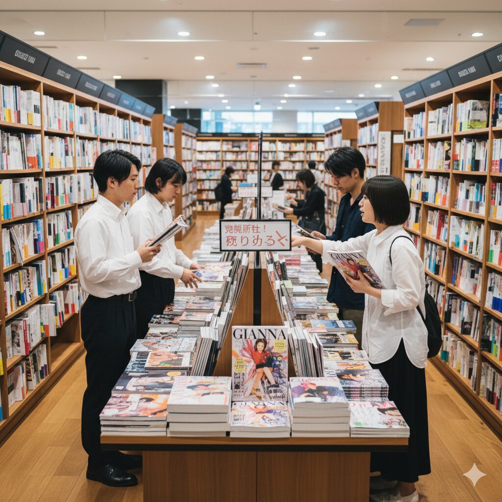 都心の大型書店にある雑誌コーナー。人気雑誌の棚がすでに売り切れて品薄になっている様子。