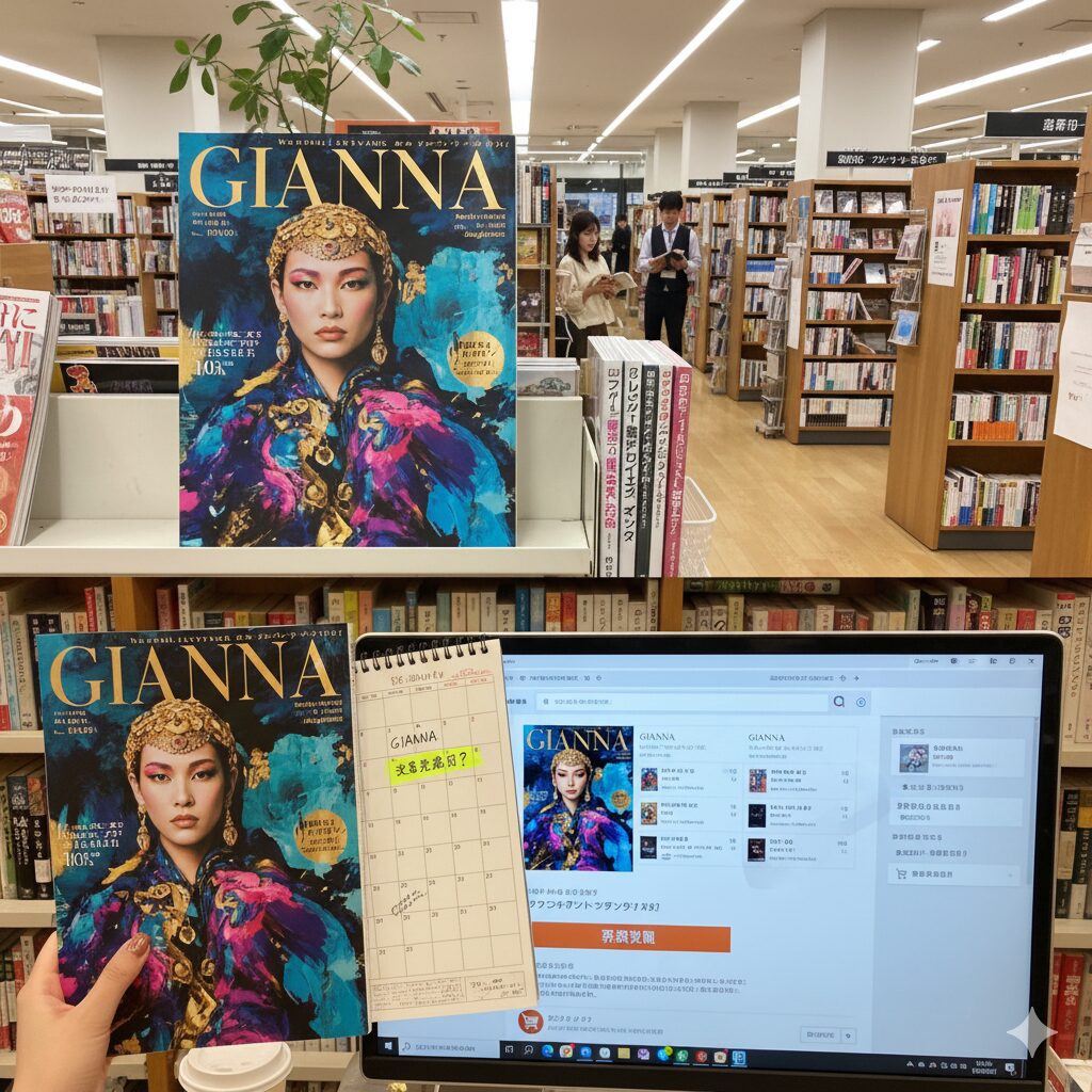 大きな書店の雑誌売り場で、スマートフォンで在庫を検索したり、店員に雑誌の取り扱いを尋ねたりしているアジア人女性の様子。