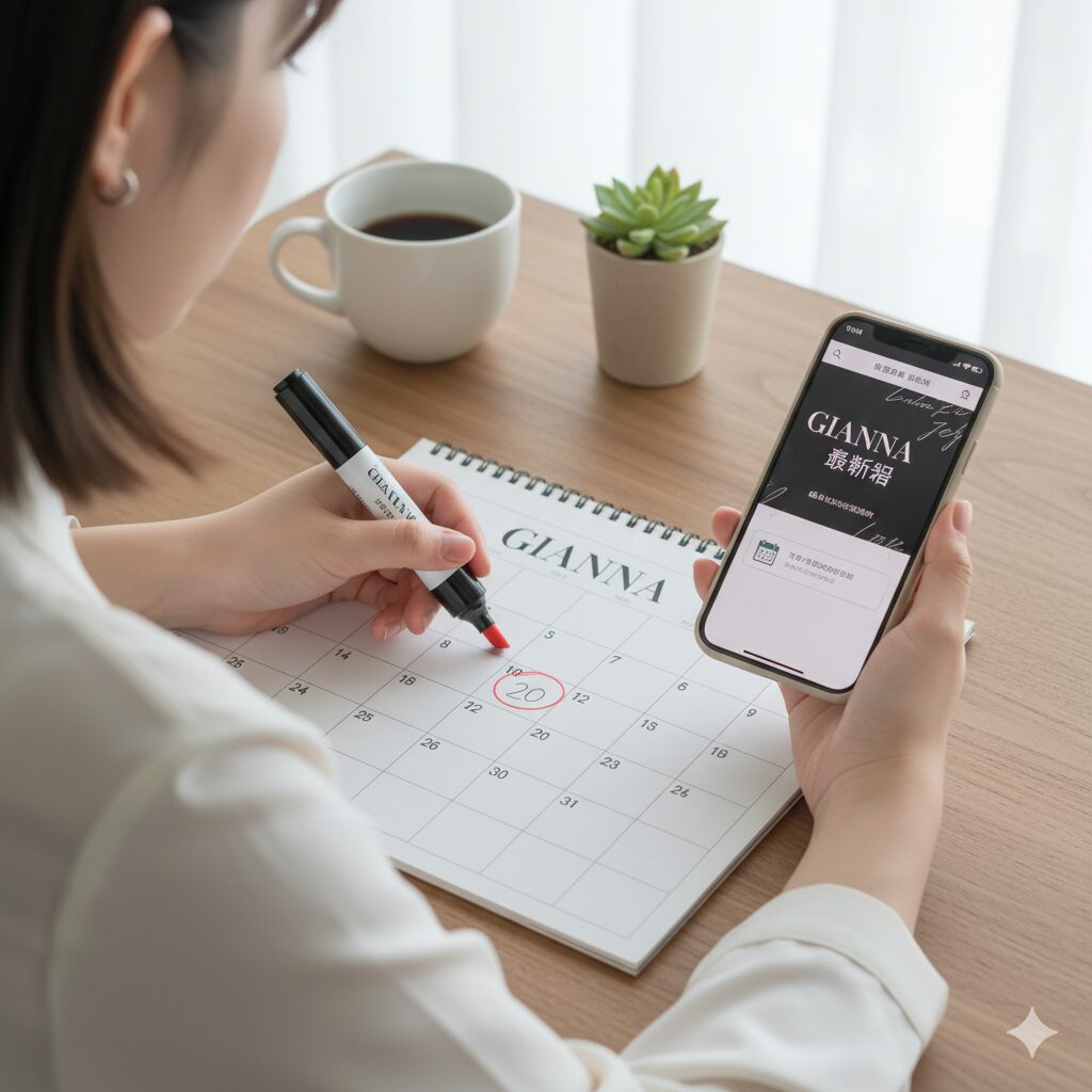 カレンダーに印をつけたり、スマートフォンでスケジュールを確認したりして、雑誌の不定期な発売日情報を熱心にチェックしているアジア人女性の手元。