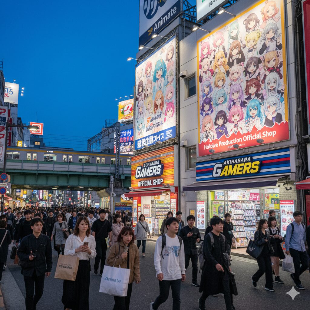 ホロライブの大型広告が掲げられた秋葉原のアニメイトとAKIHABARAゲーマーズ本店前を多くの人々が行き交う様子