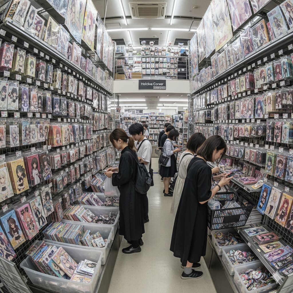 らしんばんのような中古グッズショップで、ホロライブのタペストリーやアクリルスタンド、缶バッジが陳列された棚の間を熱心に探す日本人ファンたち