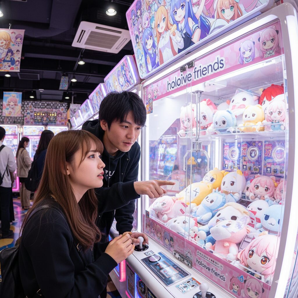 ゲームセンターのクレーンゲームでホロライブのぬいぐるみを狙う日本人カップル
