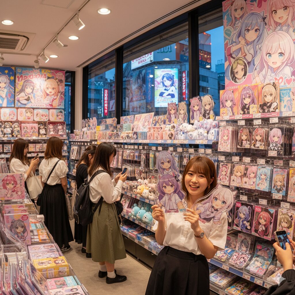 ホロライブの公式グッズや限定品が並ぶ店内で、アクリルスタンドを手に笑顔を見せる日本人女性ファン