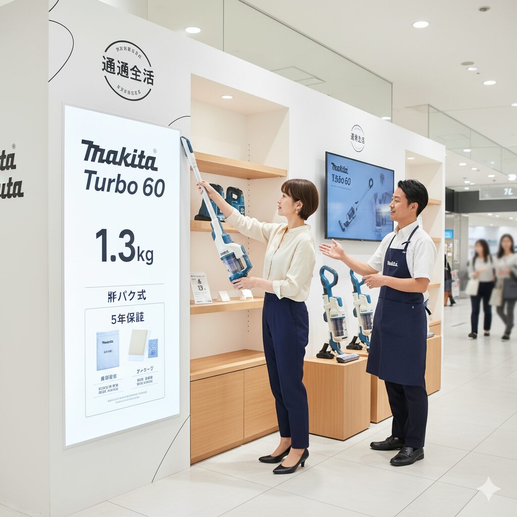 通販生活のポップアップストアで、店員が日本の女性客にマキタターボ60コードレス掃除機について説明している