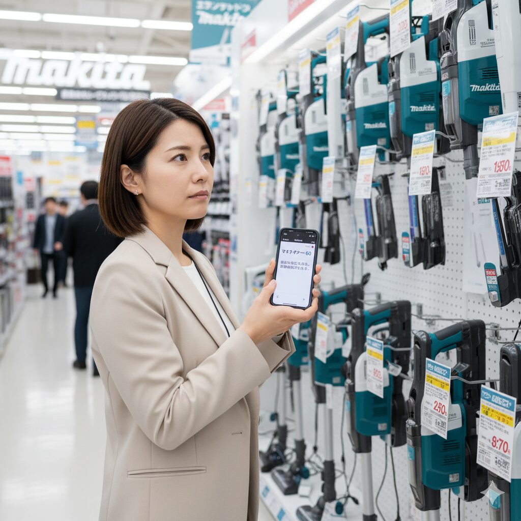 家電量販店でマキタの掃除機売り場を眺めながら、スマートフォンで「マキタターボ60」の情報を検索している日本の女性。