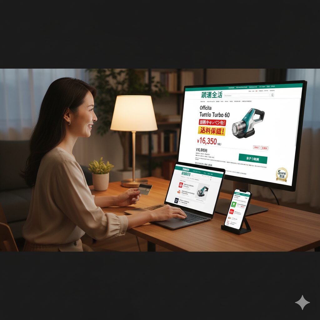 夜、自宅のデスクでパソコンとスマートフォンを使い、通販生活のウェブサイトでマキタターボ60をオンライン購入している日本の女性。クレジットカードを手にしている