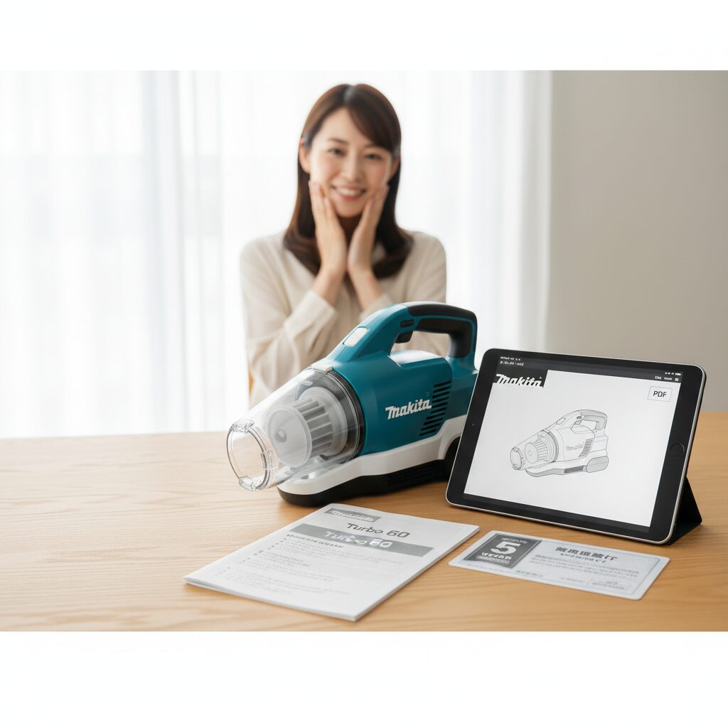 笑顔の日本の女性が、テーブルに置かれたマキタターボ60掃除機本体、取扱説明書、5年保証書、そしてPDF版の取扱説明書が表示されたタブレットを見ている。
